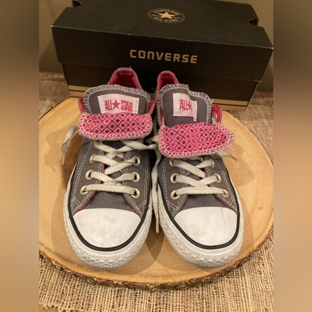 Converse All Star CTAS Size 7 Sparkly Pink Double Tongue Gray Glitter With‎ Box
